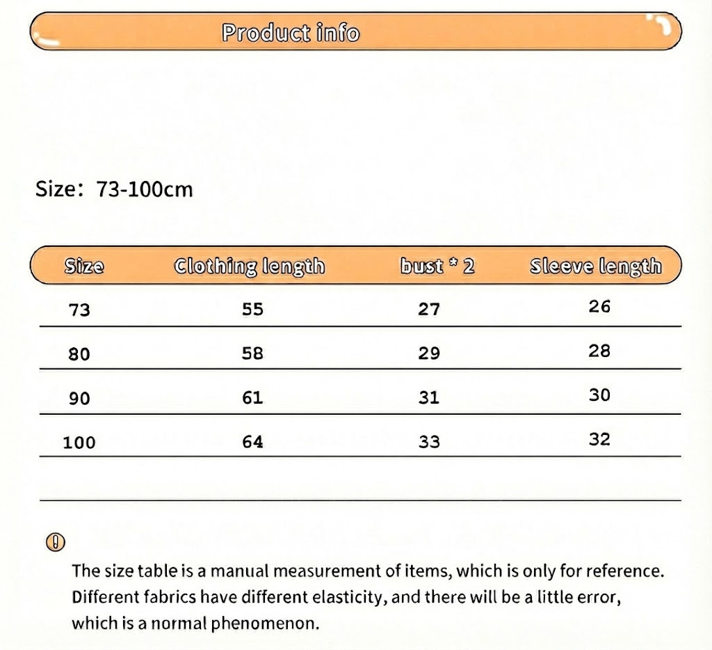 Size chart for clothing measurements with dimensions in centimeters