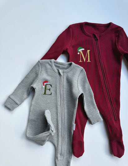 Christmas Monogram Zip Sleepsuit Personalized Baby Gift